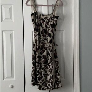 BCBGMAXAZARIA Vintage Silk Contrasting Leaves Striped Dress with Ribbon Straps